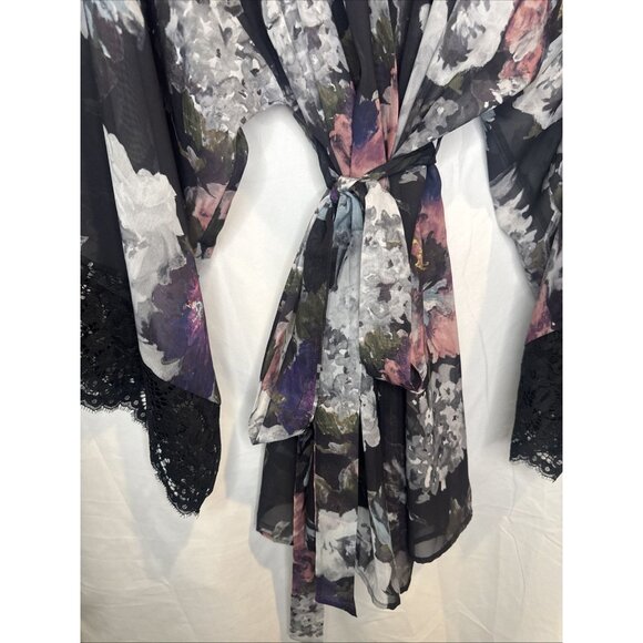 Cacique Womens Robe Tie Waist Black Pink Floral Kimono Lace Sleeves Sz 18/20 NEW - Picture 3 of 6